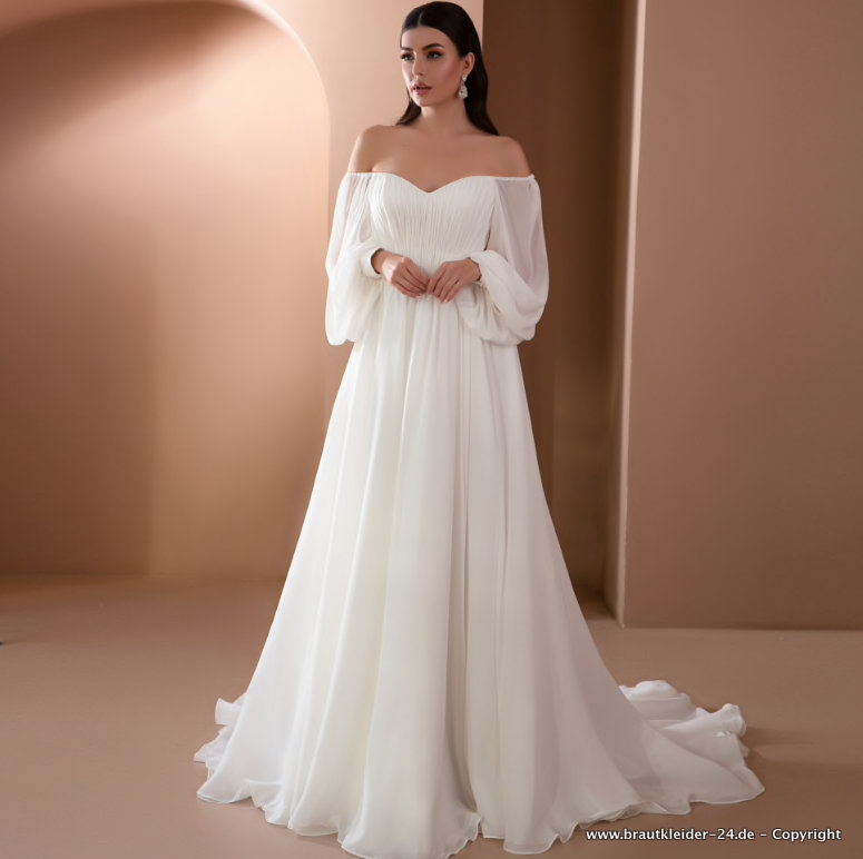 Schulterfreies Empire Chiffon Brautkleid Hochzeitskleid mit Pinselschleppe