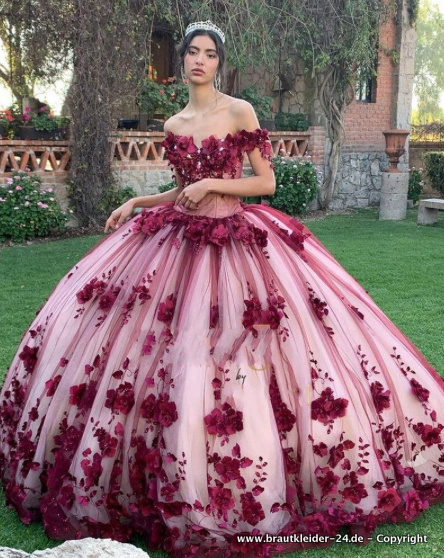 Quinceanera Brautkleid Hochzeitskleid Romantisch in Dunkelrot mit Blumen
