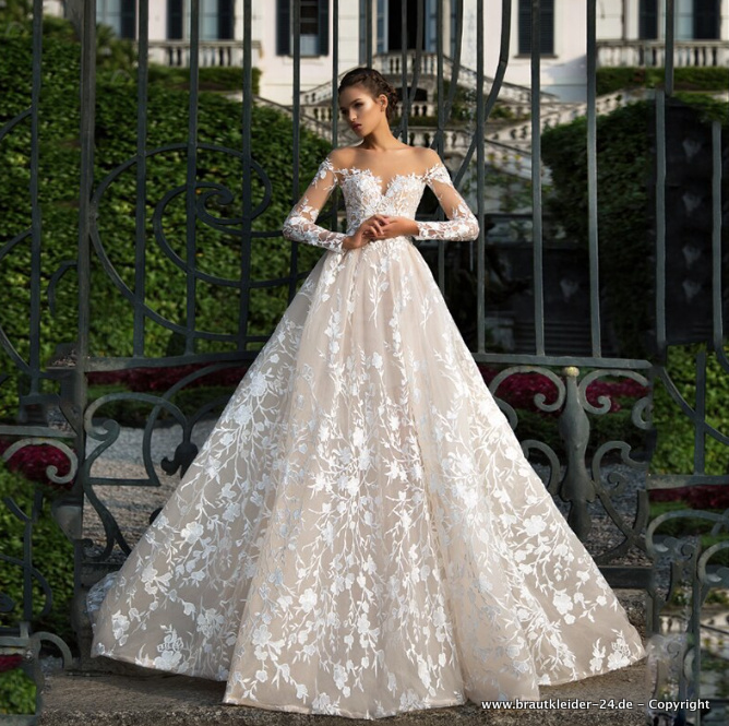 Langarm Brautkleid Hochzeitskleid mit Illusion Ausschnitt 