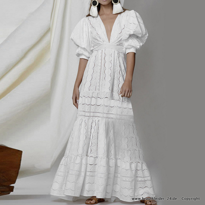 Boho Vintage Style Kleid für den Standesamt Lang in Weiss
