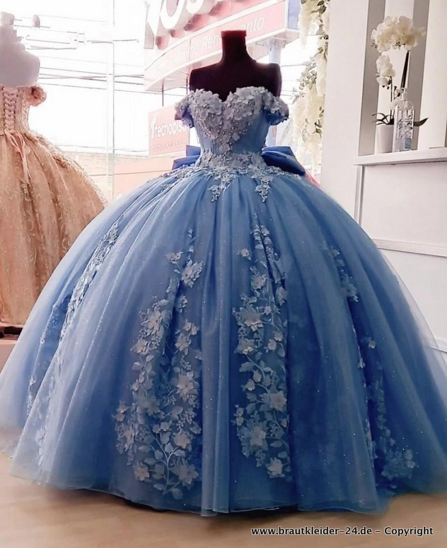 Quinceanera Kleid Brautkleid Mele in Blau mit Blumen Applikationen