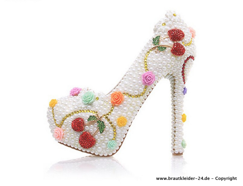 High Heels Brautschuhe Abendschuhe mit Weiße Perlen und 3D Blumen bis Gr 43