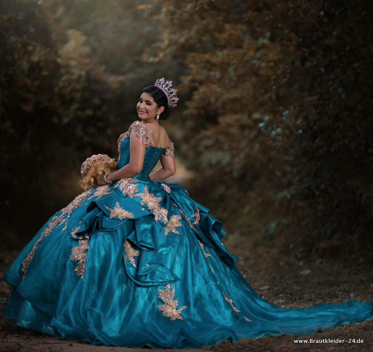 Quinceanera Brautkleid Nikki Schulterfrei in Blau mit Applikationen in Gold