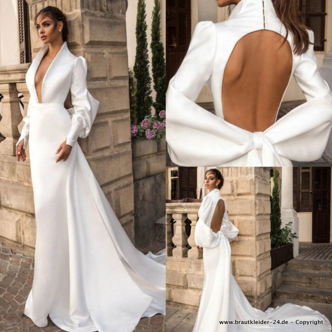 Weisses Satin A Linie Kleid für die Braut Langarm Standesamtkleid