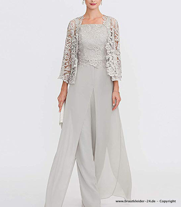 Eleganter Jumpsuit Einteiler für die Braut in Silber mit Spitzen Bolero Jacke