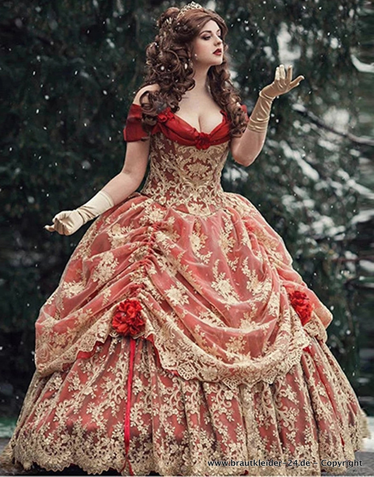Prinzessin Quinceanera Brautkleid Franka in Rot Gold mit Stick und Blumen