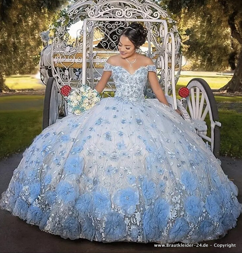 Quinceanera Brautkleid Giulia in Hellblau mit Blumen Prinzessin Hochzeitskleid