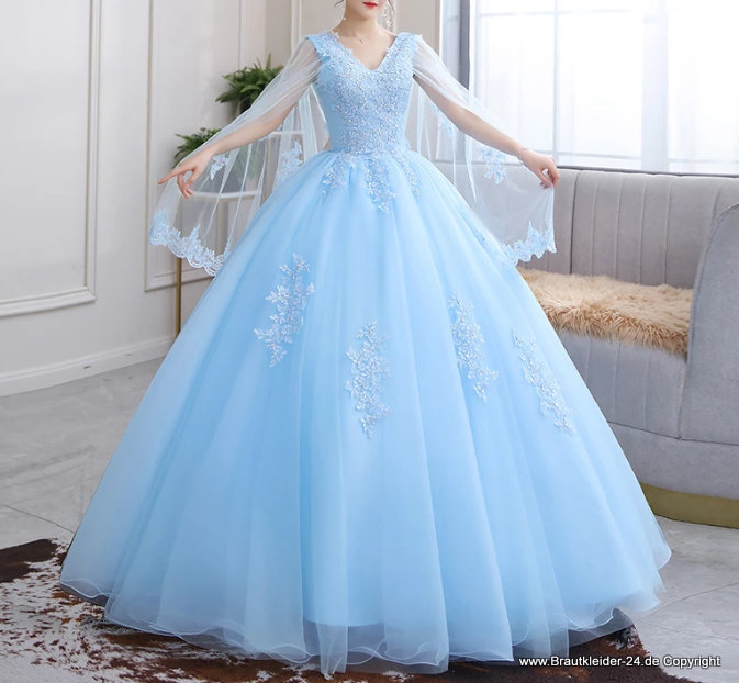 Quinceanera Brautkleid mit V Ausschnitt und Stola in Himmelblau