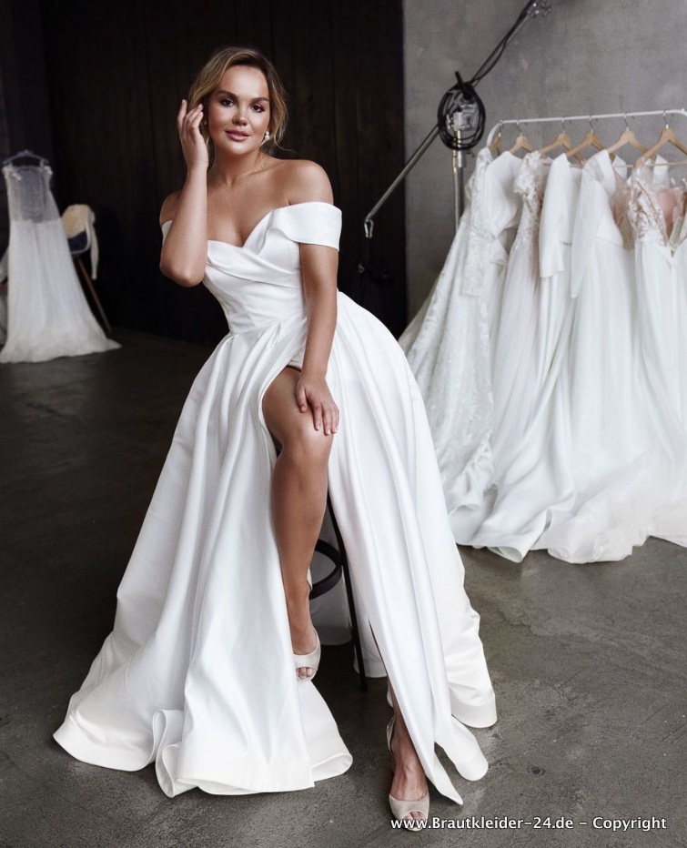Schulterfreies Satin Kleid für die Braut Festlich in Weiss Standesamtkleid
