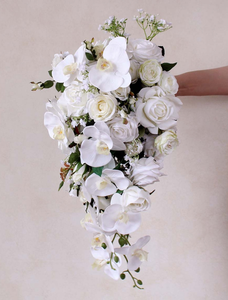 Wasserfall Hochzeit Bouquet Brautstrauß in Weiß mit Orchideen und Rosen