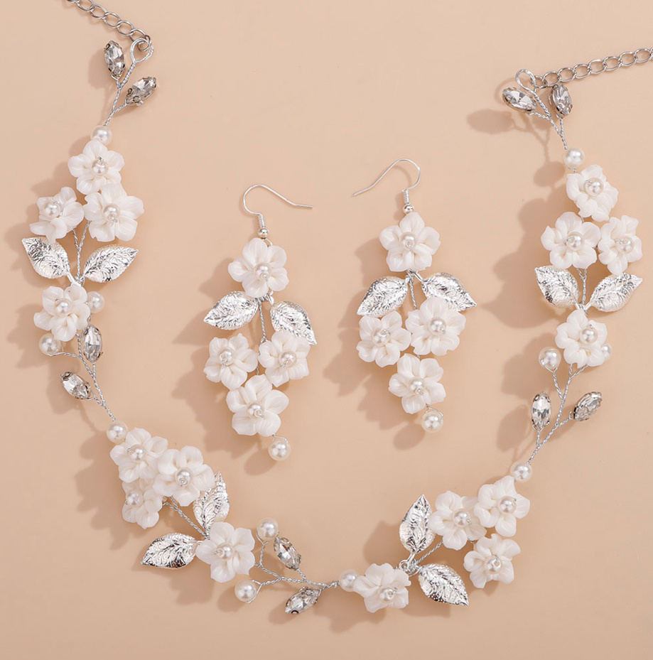 Brautschmuck Set Hanka Halskette mit Ohrringe Silber mit Porzellan Blumen