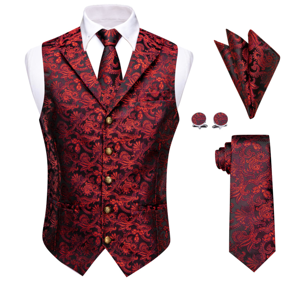 Bräutigam Mode Weste Krawatte Tuch und Knöpfe im Set Rot Schwarz Klassisch