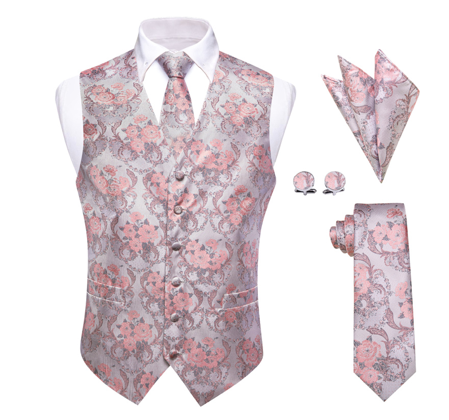 Bräutigam Mode Weste Krawatte Tuch und Knöpfe In Silber Blumenmuster Klassisch