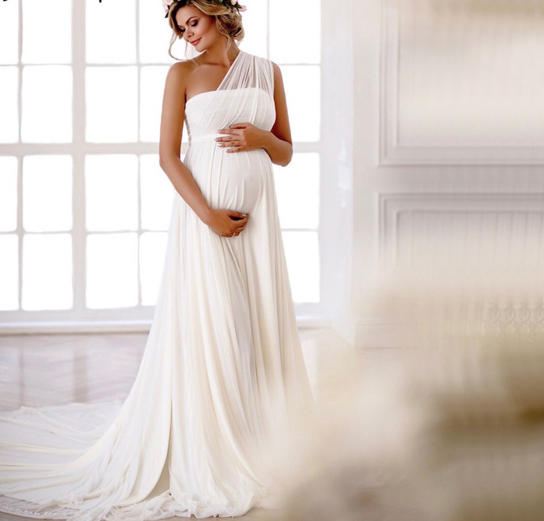 One Shoulder Tüll Umstandsbrautkleid Romantisch mit Schleppe