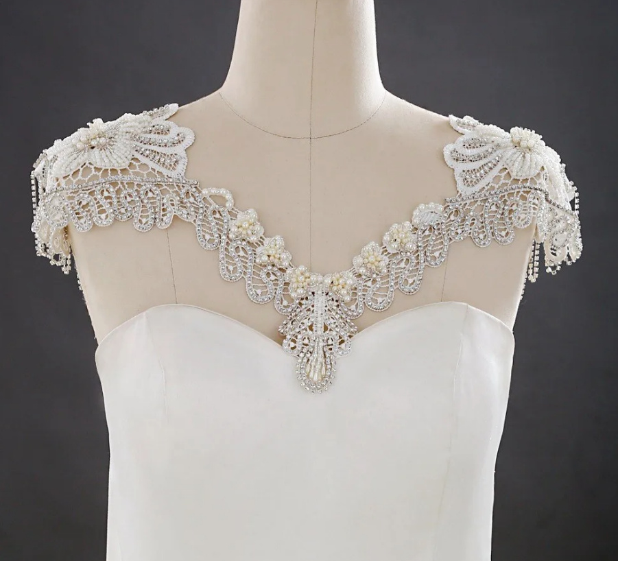Vintage Style Braut Schulterkette Halskette mit Spitze und Perlen