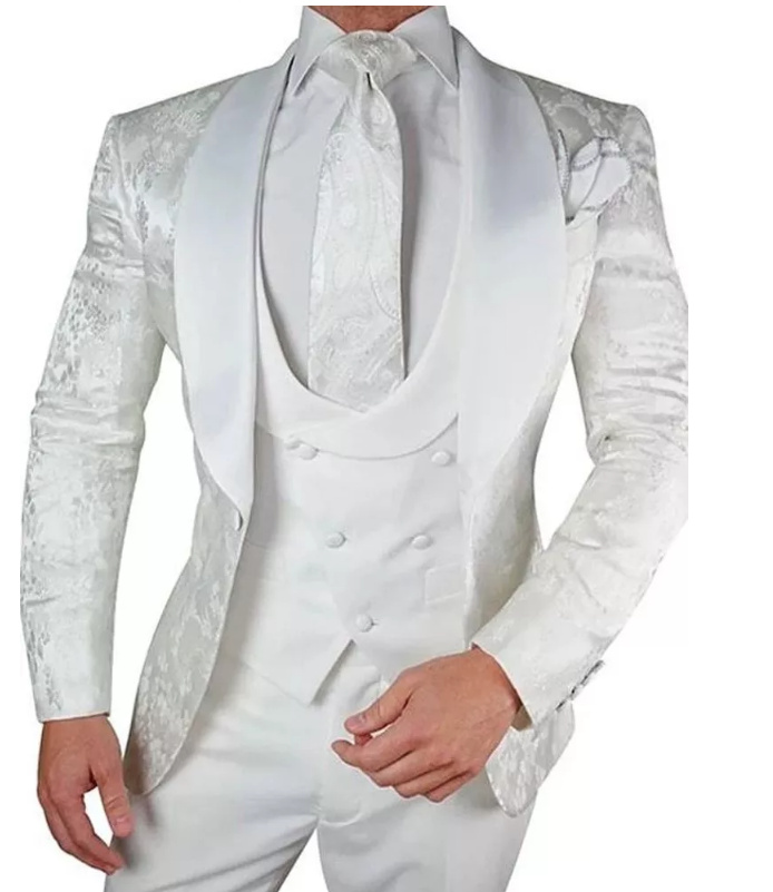 Hochzeitsanzug für den Bräutigam Dreiteilig in Weiß mit Blumenmuster