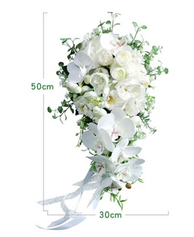 Wasserfall Hochzeit Brautstrauß Kati in Weiß mit Rosen und Orchideen