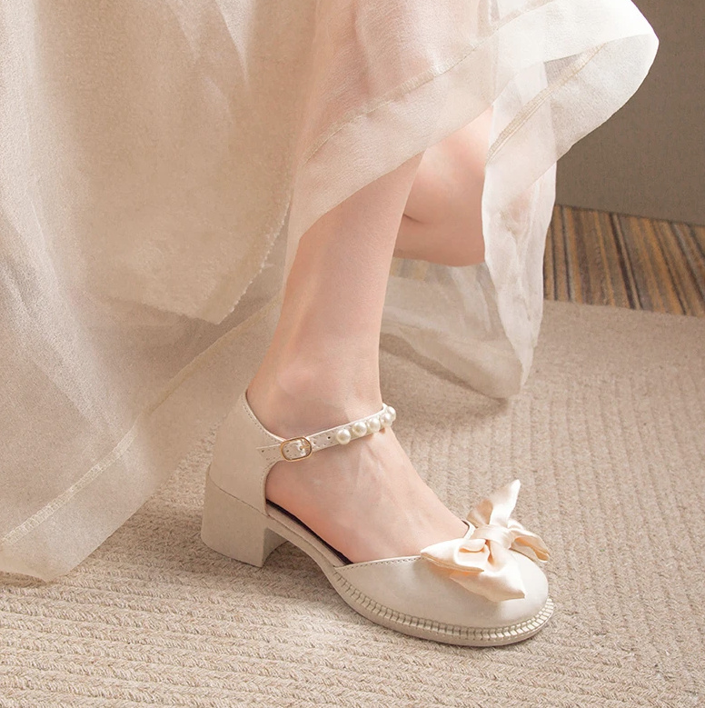 Mary Jane Schuhe Brautschuhe Hochzeitsschuhe Champagne Beige mit Seiden Schleife