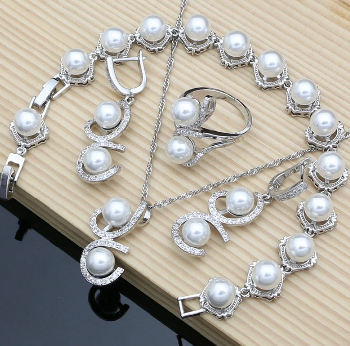 Perlen Brautschmuck Set Laeticia 925 Sterling Silber Halskette Armband Ohrringe Ring Weiß