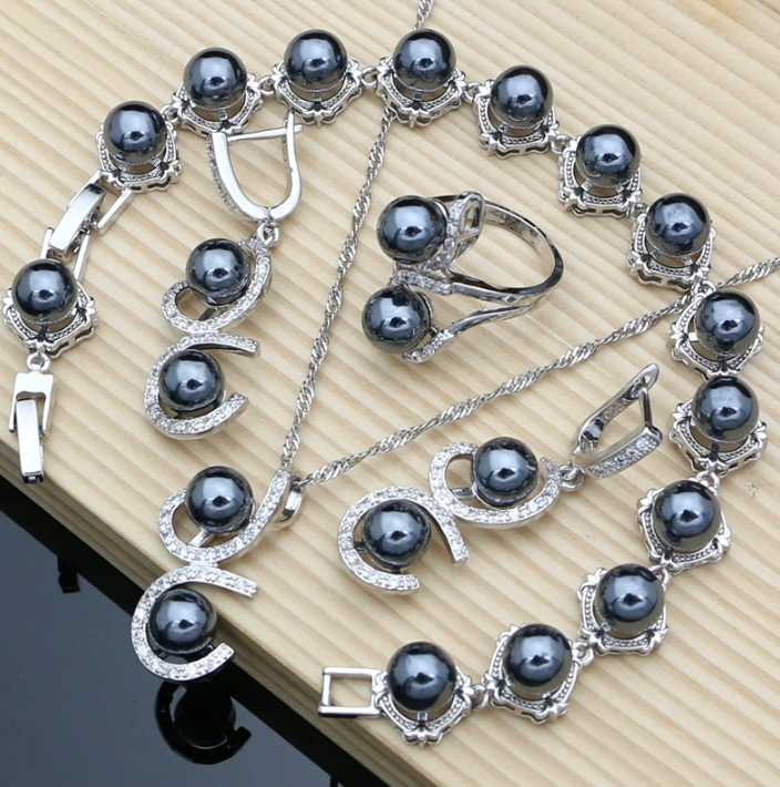 Perlen Brautschmuck Set Laetitia 925 Sterling Silber Halskette Armband Ohrringe Ring Schwarz
