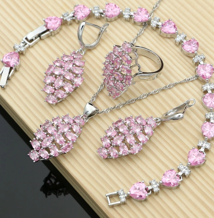 Boho Style Brautschmuck Set Lenya 925 Sterling Silber Halskette Armband Ohrringe Ring Rosa