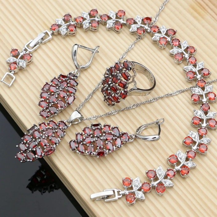 Boho Style Brautschmuck Set Lenya 925 Sterling Silber Halskette Armband Ohrringe Ring Rot