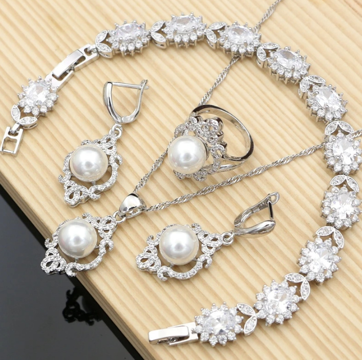 Perlen Brautschmuck Set Liecha 925 Sterling Silber Halskette Armband Ohrringe Ring Weiß