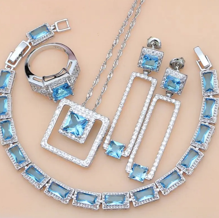 Brautschmuck Set Linette 925 Sterling Silber Halskette Armband Ohrringe Ring Himmelblau
