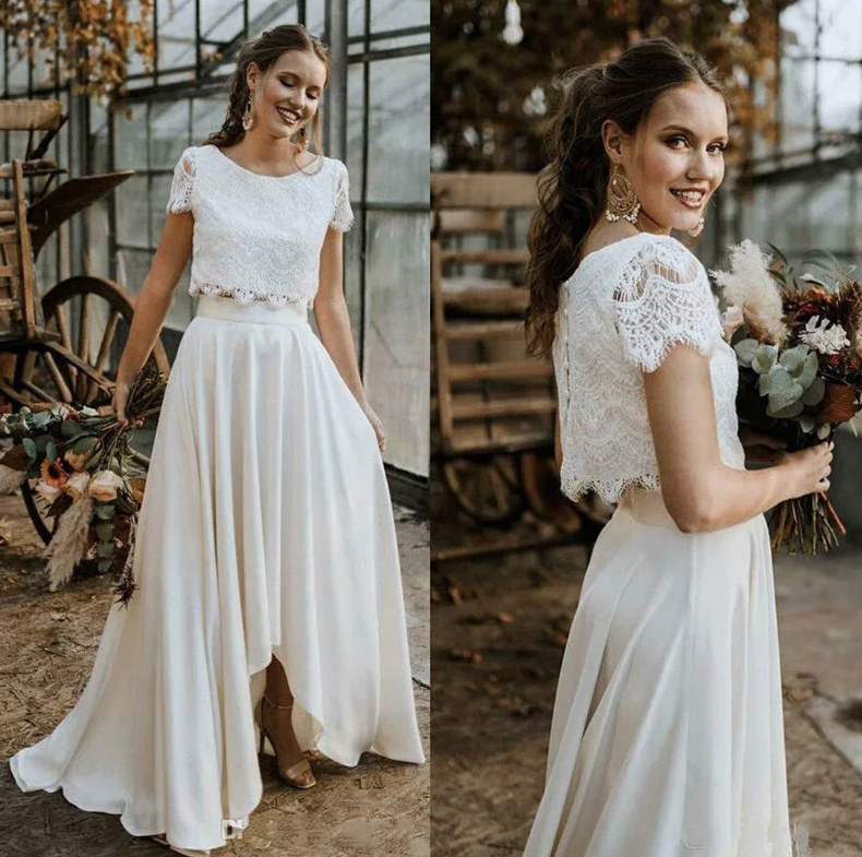 Zweiteiliges Brautkleid Standesamtkleid Vorne Kurz Hinten Lang mit Spitze