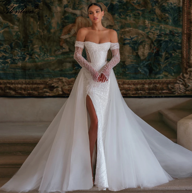 Schulterfreies Luxus Glitzer Brautkleid Hochzeitskleid Luisa Schleppe Abnehmbar