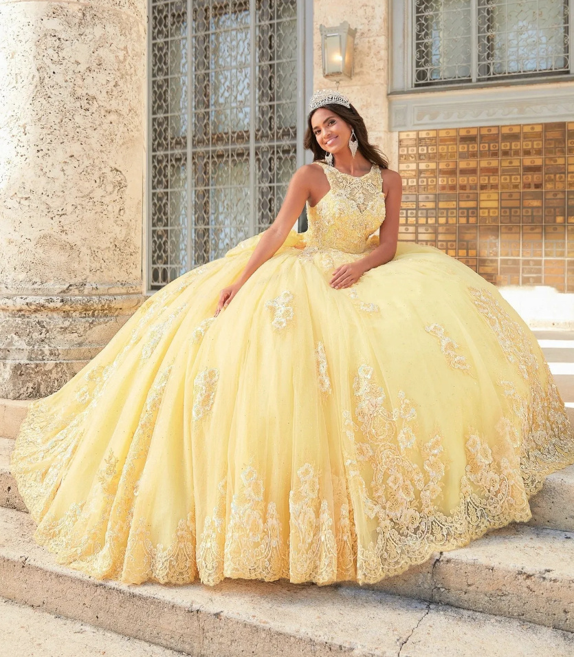 Ball Linie Prinzessin Brautkleid Hochzeitskleid Leonor in Gelb mit Kathedralenschleppe
