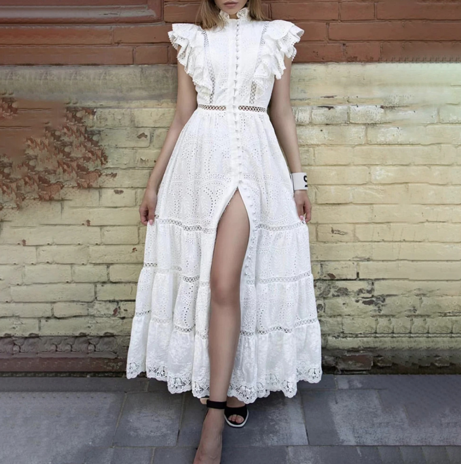 Maxi Boho Style Standesamtkleid Lania in Weiß mit Rüschen Ärmel