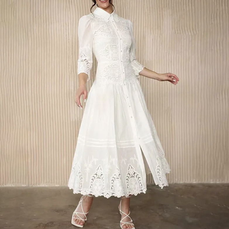 Vintage Style Standesamtkleid Leslie in Weiß mit Kragen und Dreiviertelärmel