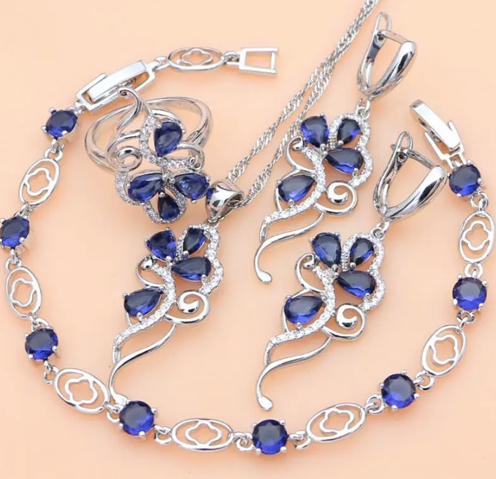 Brautschmuck Set Leticia 925 Sterling Silber Zirkon Halskette Armband Ohrringe Ring Blau