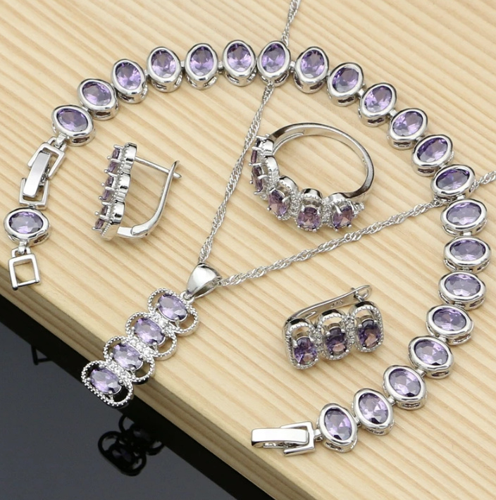 Brautschmuck Set Lissi 925 Sterling Silber Halskette Armband Ohrringe Ring Flieder