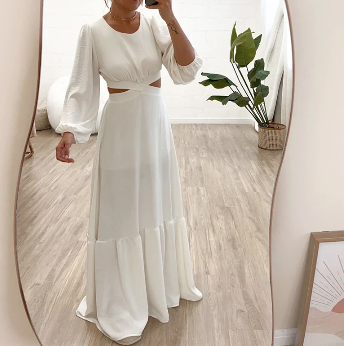 Langarm Boho Standesamtkleid Leticia in Weiß Bodenlang mit Cut Outs