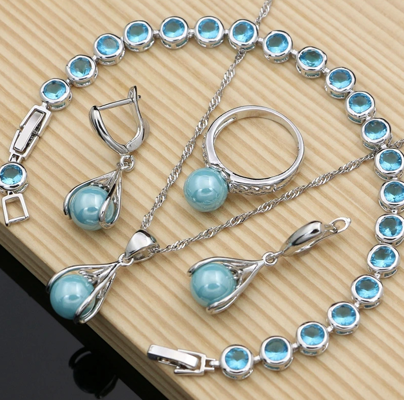 925 Silber Perlen Brautschmuck Set Letitia Silber Blau Halskette Ohrringe Armband und Ring