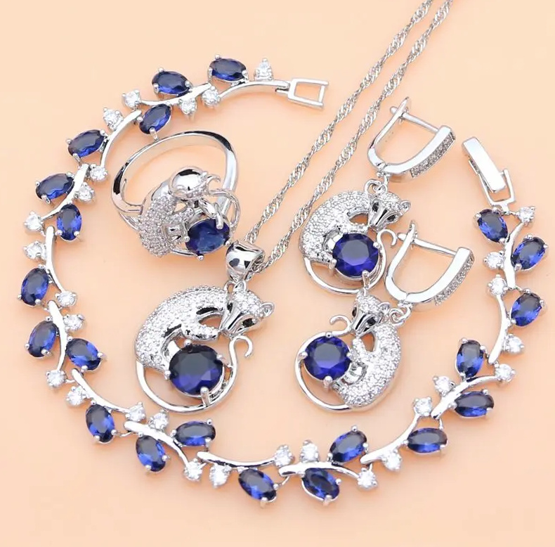 Blue Sapphire Silber 925 Brautschmuck Set Lilith Halskette Ohrringe Armband und Ring