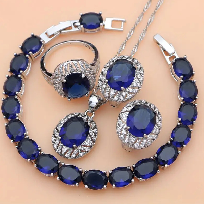 925 Silber Blau Sapphire Kristall Brautschmuck Set 2024 Lätizia Halskette Ohrringe Armband und Ring