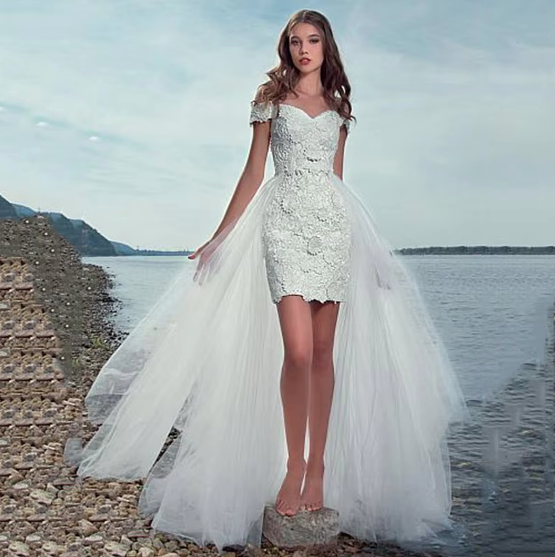 Sexy Vokuhila Prinzessin Brautkleid Danuta Vorne Kurz Hinten Lang Schleppe Abnehmbar