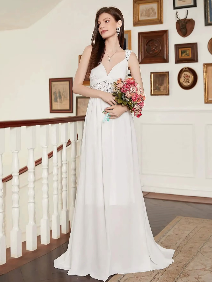 Ärmelloses Empire Standesamtkleid in Weiß mit Pailletten