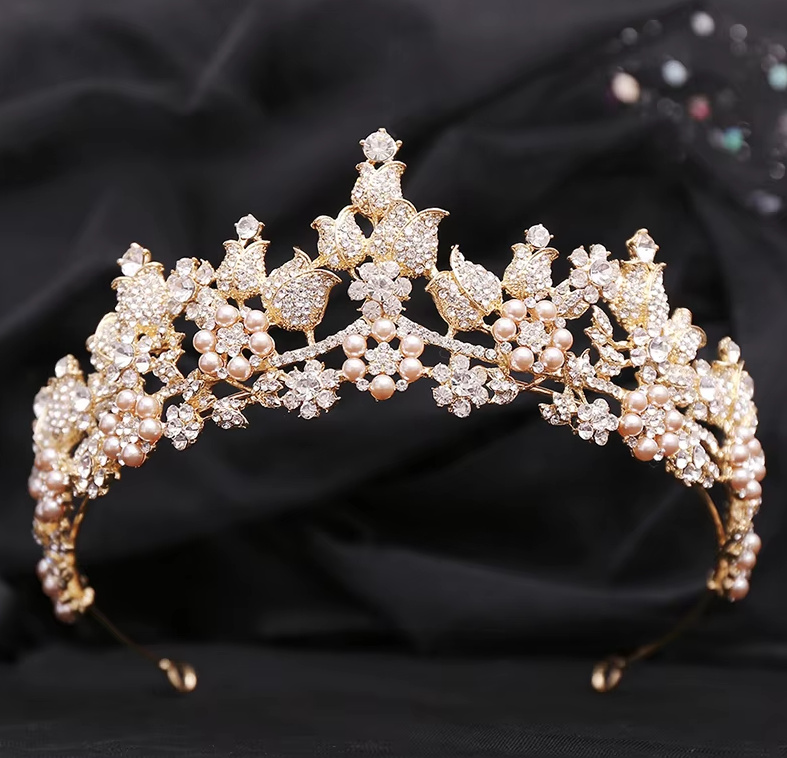 Strass Kristall Perlen Braut Tiara Diadem Elea Gold