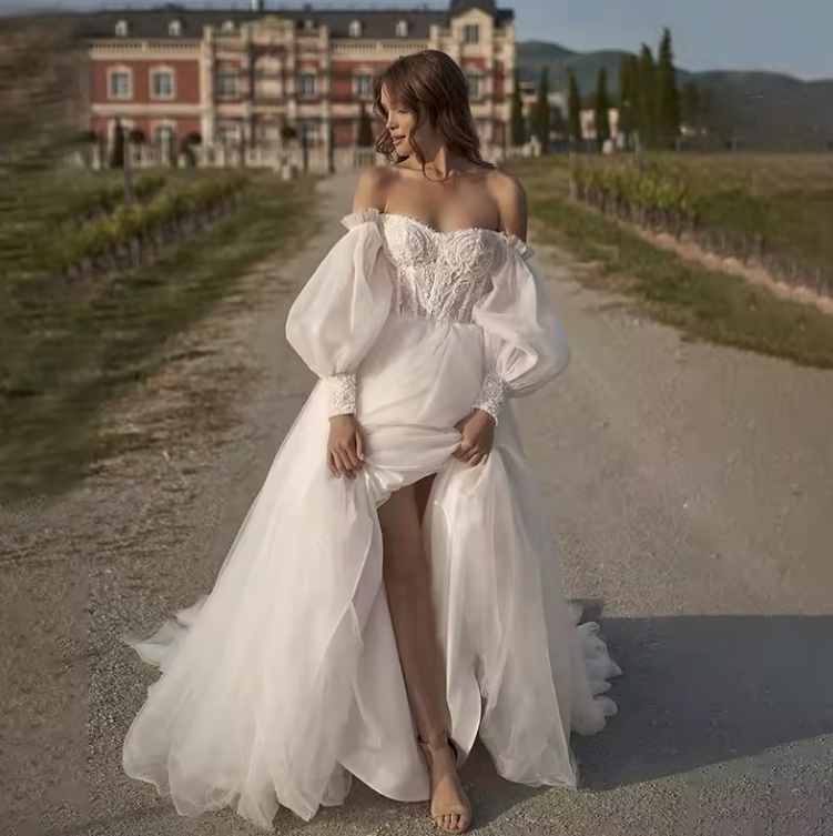 A Linie Boho Brautkleid Emanuela mit Lingerie Oberteil Perlen und Pailletten