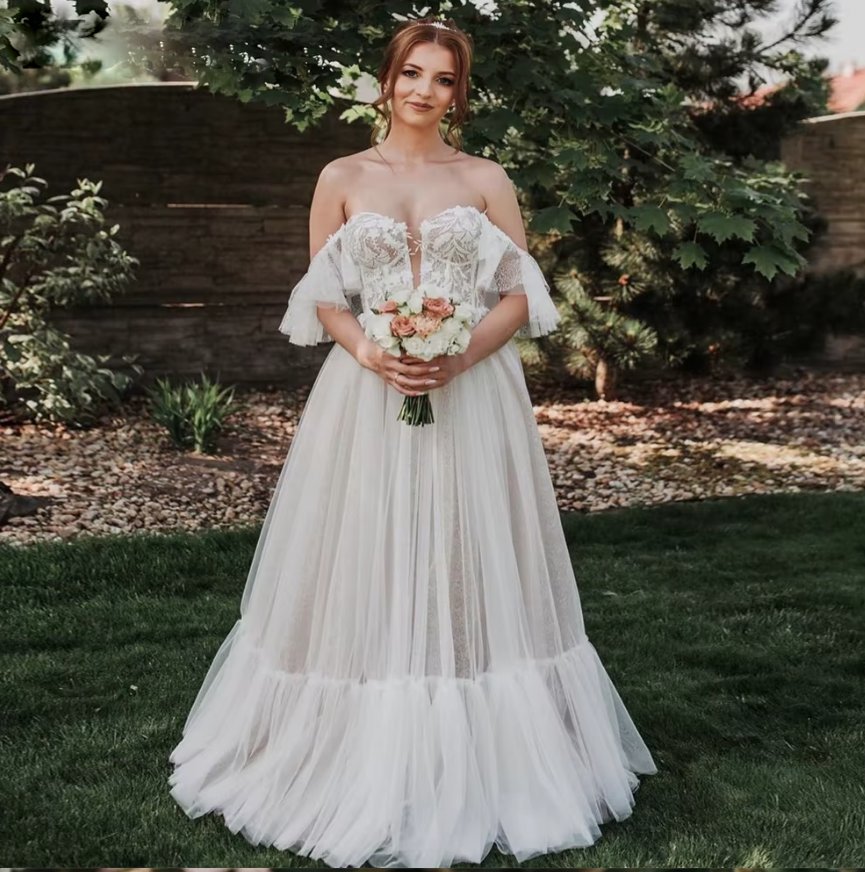  A Linie Boho Brautkleid Fatima Schulterfrei mit Lingerie Oberteil und Spitze