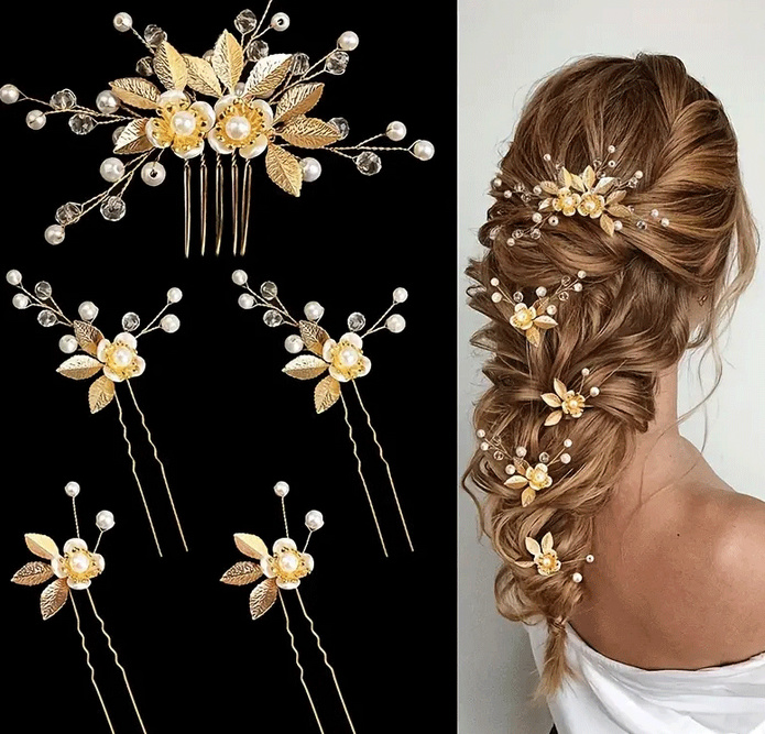 Braut Haarschmuck Set Fanie Romantisch in Gold mit Blumen