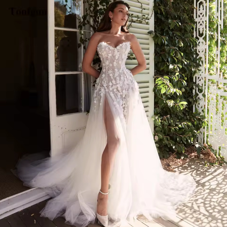 Schulterfreies Brautkleid 2025 Filomena mit Sexy Schlitz 3D Blumen und Tüll