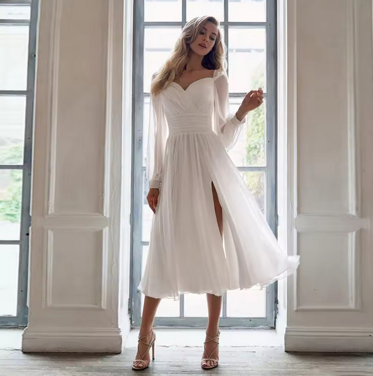 Langarm Chiffon Standesamt Brautkleid Geertje Wadenlang