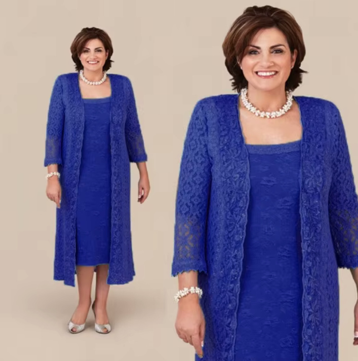I Linie Brautmutterkleid Giulia aus Spitze Zweiteilig mit Jacke in Dunkelblau