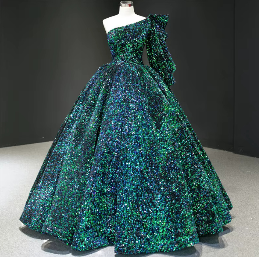 One Shoulder Glitzer Brautkleid Gilliane in Dunkelgrün