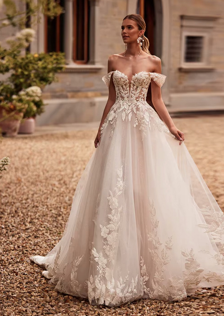  A Linie Brautkleid Galaxina Schulterfrei mit Lingerie Oberteil und Blumen Spitze